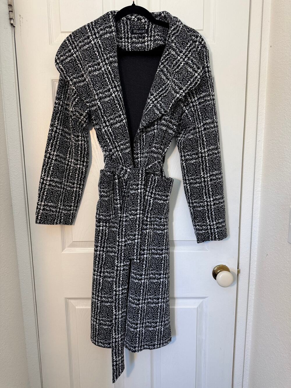 Stella Luce Black White Plaid Knit Belted Coatigan Cardigan Jacket L
